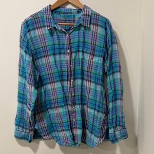 100% Linen Plaid Button-Up Shirt in Blue and Purple